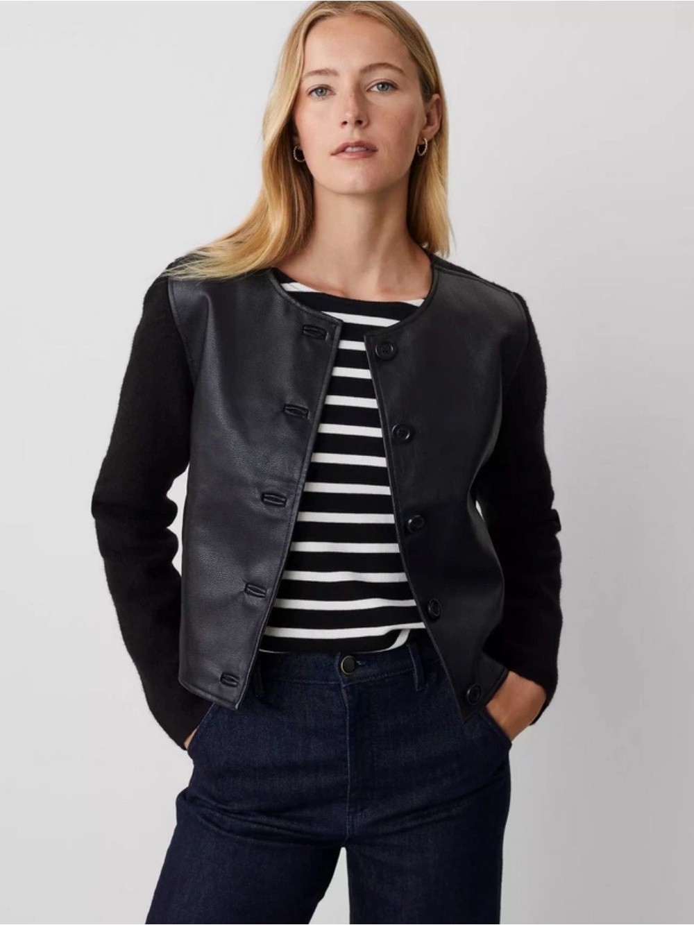 Ann Taylor Black Faux Leather Front Jacket Knit Sleeve & Back Collarless S
